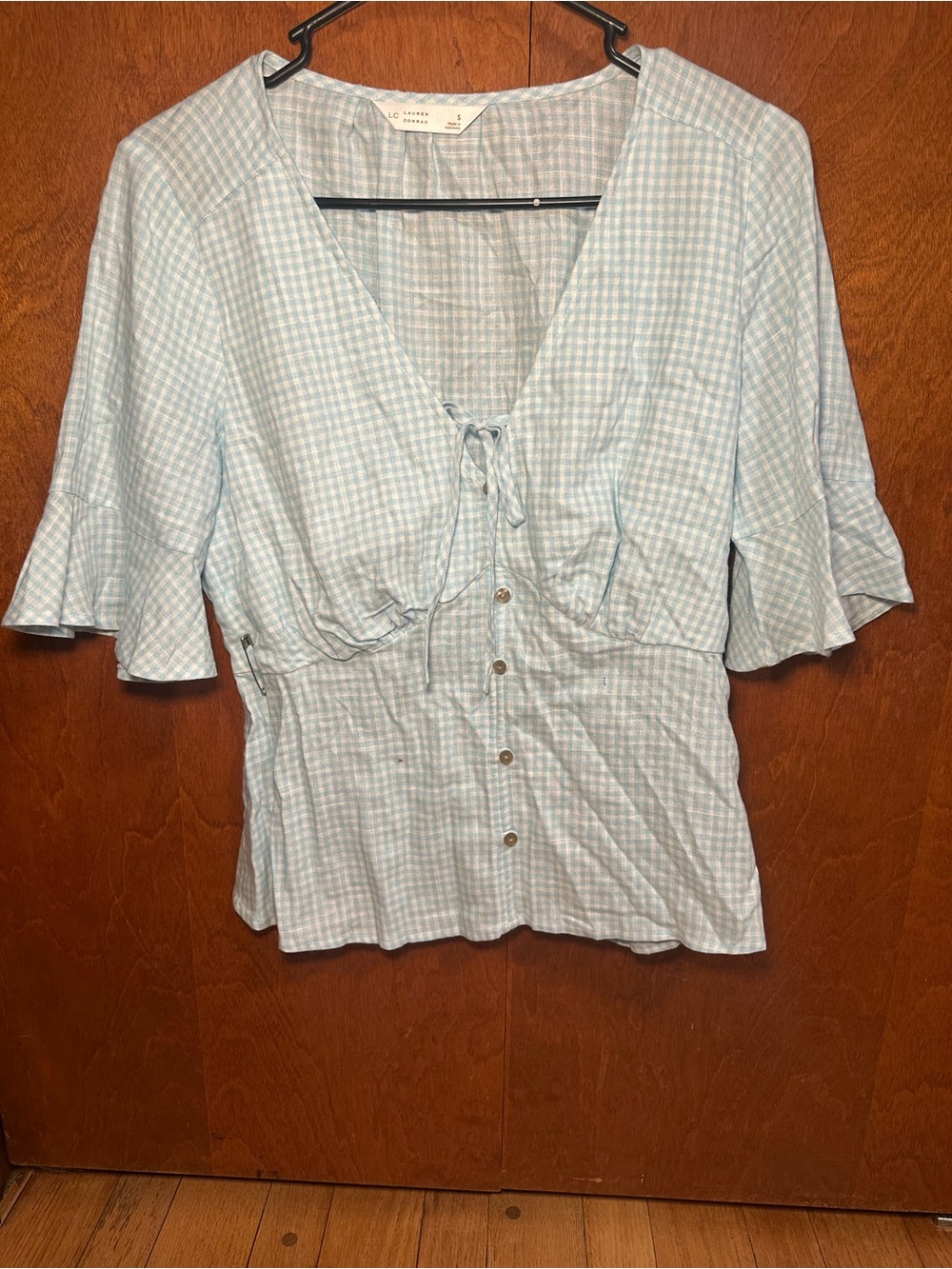 a new day Light Blue Gingham Tie-Front Blouse